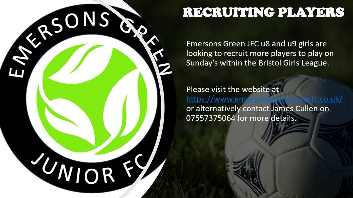 Emersons Green JFC are looking to recruit more girls for their u8 (school yr 3) and u9 (school yr 4) teams. If you know someone who would like to play or have a daughter who is interested then please get in touch.  

<a href="/BlackhorsePri/">Blackhorse Primary</a> 
<a href="/downendvoice/">downendvoice</a> 
<a href="/emersonsvoice/">Emersonsgreenvoice</a>