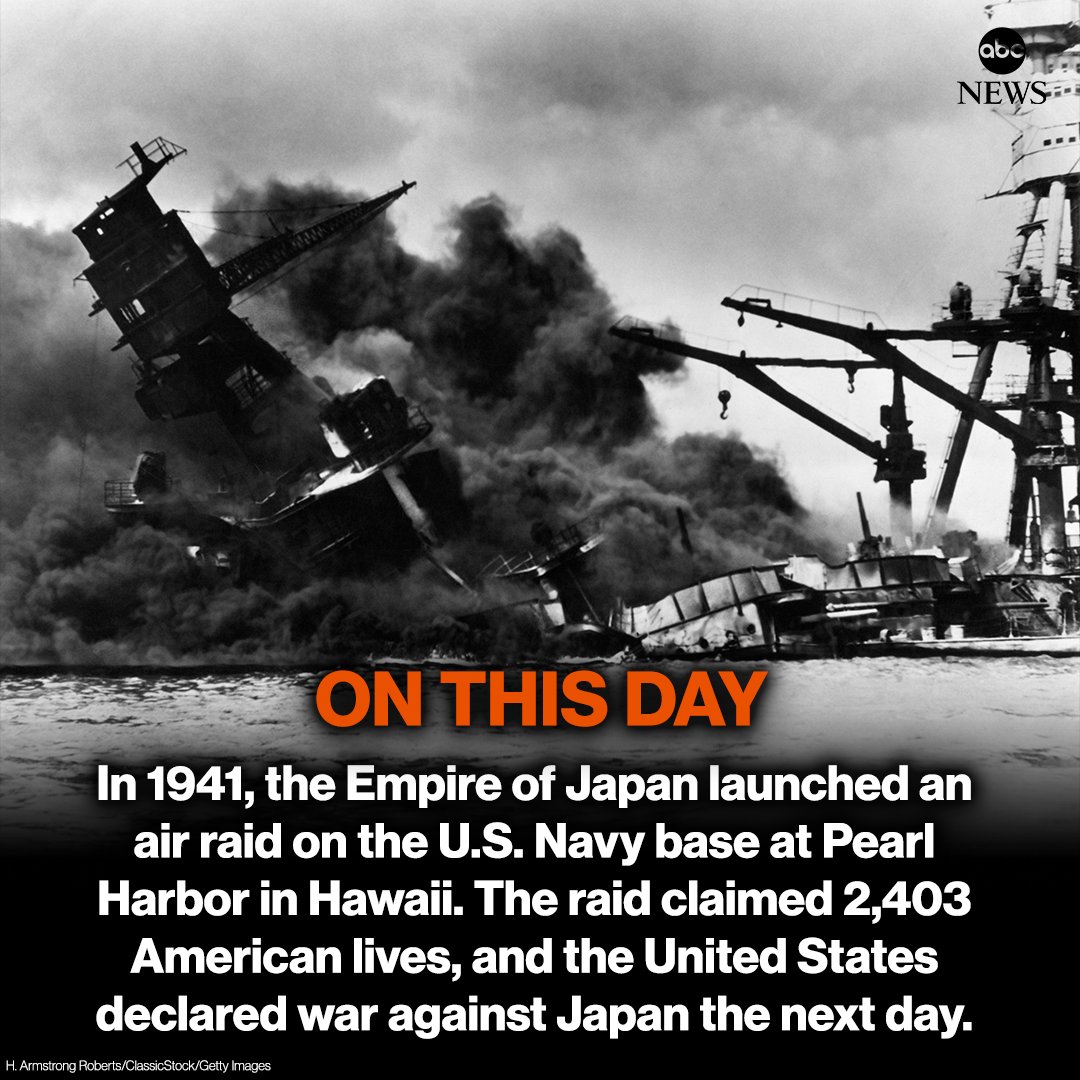 ON THIS DAY: 80 years ago, the Empire of Japan launched an air raid on the U.S. Navy base at Pearl Harbor that claimed 2,403 American lives. abcn.ws/3pCafMT