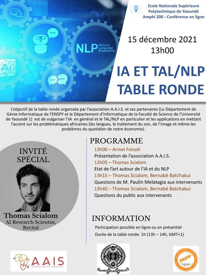 ArmelCPU's tweet image. Table ronde autour de l&apos;IA et du TAL/NLP 
à #ENSPY le 15/12/2021 à 13h00.
Organisée par @AiAfrican 
Panel:  @ThomasScialom et #Dr_Batchakui
Modérateur : @melatagia 
Possibilité d&apos;envoyer des questions via docs.google.com/forms/d/e/1FAI…
