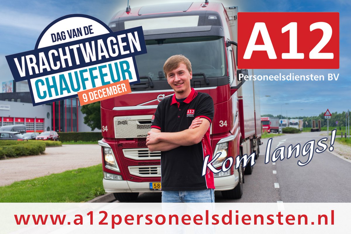 A12Personeel's tweet photo. Op donderdag 9 december vindt de nationale Dag van de vrachtwagenchauffeur plaats. Op deze dag kun je geheel vrijblijvend binnen lopen bij A12 Personeelsdiensten om kennis te maken. #DVC2021 #chauffeursgevoel  #beroepschauffeurs #vrachtwagenchauffeur #lesauto #opleidingmogelijk https://t.co/PrRsOnfLdO