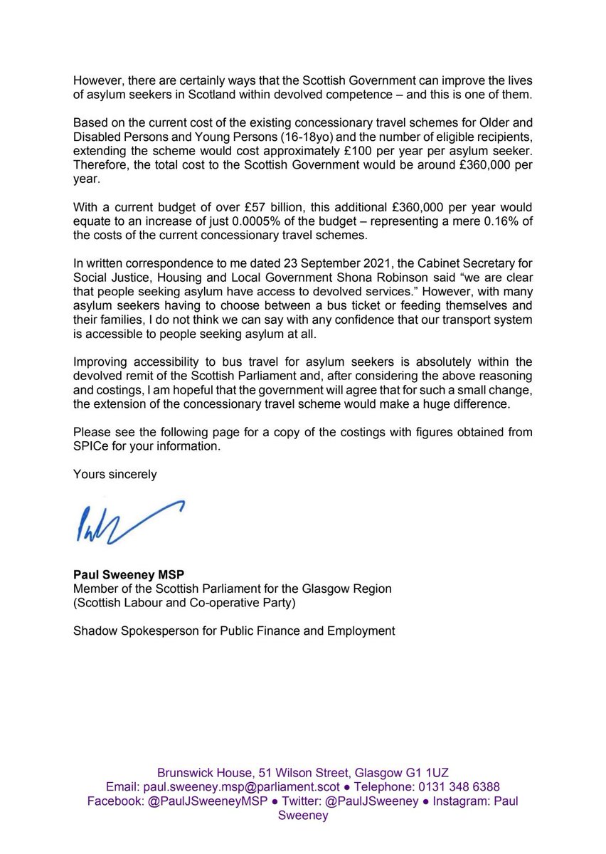 PaulJSweeney's tweet photo. Read my letter to @_KateForbes urging @scotgov to provide free bus travel to asylum seekers in Scotland 👇.

It would cost around £360k a year - just 0.0005% of the Scottish Government's budget.

For such small change, it would make a huge difference. https://t.co/QN2Qe8oRnp