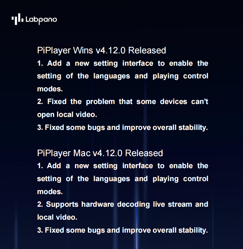 PanoXGlobal's tweet photo. PiPlayer Wins v4.12.0 Released
1. Add a new setting interface to enable the setting of the languages and playing control modes.
2. Fixed the problem that some devices can't open local video.
3. Fixed some bugs and improve overall stability.
#PiPlayer #pilotos #Windows https://t.co/StHsSLToov