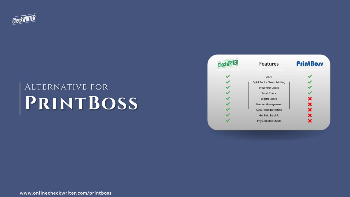 webcheckwriter's tweet photo. https://t.co/02YupsJFrk

Online Check Writer is the best alternative for PrintBoss. You don't need to depend on different software for check printing and managing your accounting. Also, you can transfer your payments through ACH.

#PrintBossOnline #PrintBossAlternative #PrintBoss https://t.co/u85alPYO9c