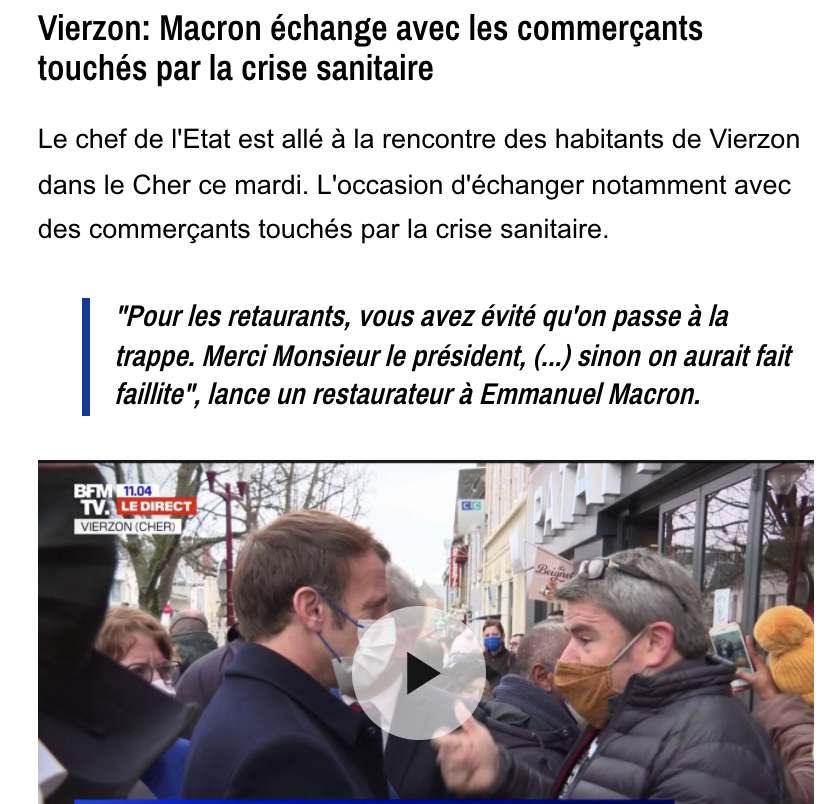 "Pour les #restaurants, dit ce commerçant de #Vierzon, vous avez évité qu'on passe à la trappe. Merci Monsieur le président, sinon on aurait fait faillite".