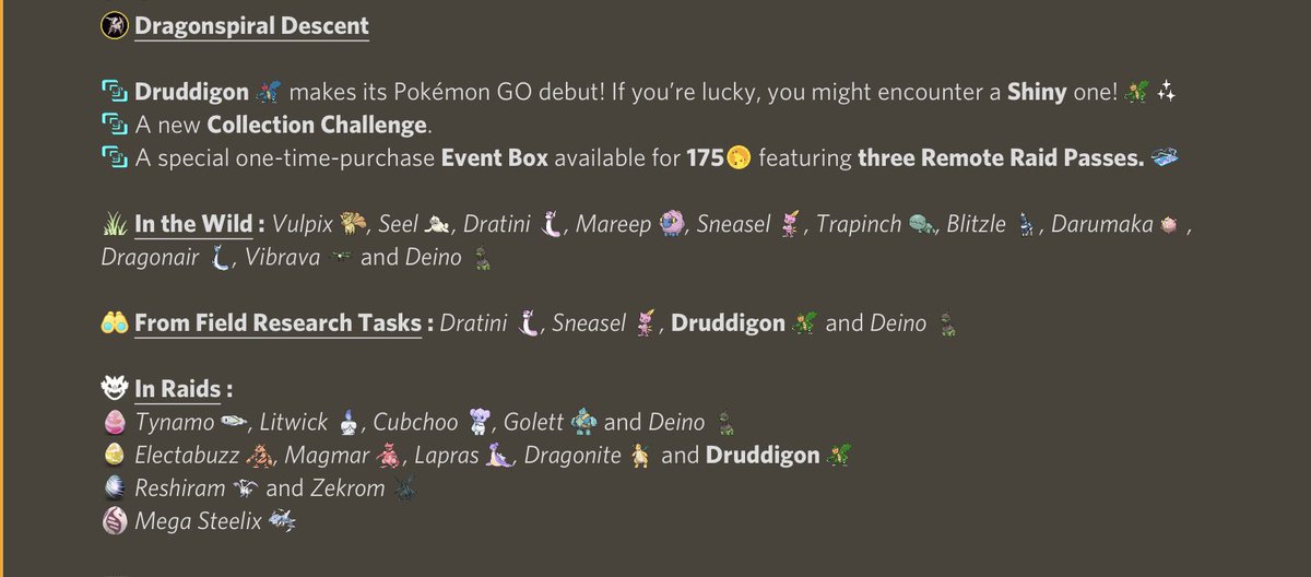 Arceus_World's tweet image. 🔥✨Ɗяαgσηѕριяαℓ Ɗєѕcєηт ✨🔥

🛡 Tues, Dec 7 at 10am to Sun, Dec 12 at 8pm local time

🐲 #Druddigon ✨makes its Pokémon GO debut!
🐲 New Collection Challenge
🐲 &amp;amp; more in pic!

❣️Like &amp;amp; RT💝

#ポケモンGO 
#RarePokemon #PokemonGO