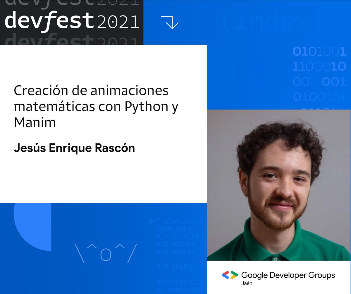GdgJaen's tweet photo. ¡Nuevo Ponentes confirmado!
📆El 11 de diciembre
Nuestro miembro de GDG Jaén Jesús Enrique Rascón
(@jesi_rgb )nos hablará sobre creación de animaciones matemáticas con Python y Manim
🏷️Entradas en nuestro perfil.
#DevfFest #google #DevFestJaen #Python #animacion #manim https://t.co/wnf1bSnWPF