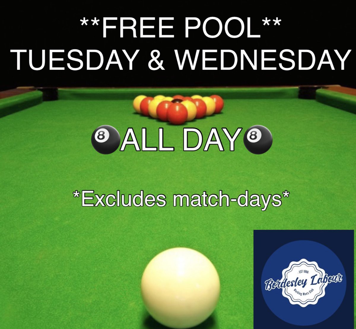 🎱Join us🎱
Every Tuesday &amp; Wednesday
*FREE POOL*
👀ALL DAY👀