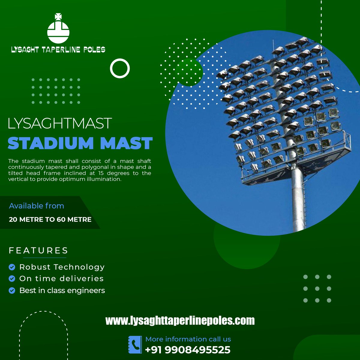 ltpindiaasia's tweet photo. Let’s spread light in the stadium by using high-quality Lysaght Taperline Poles Pvt Ltd Stadium mast.
1. Well structured to support stadium needs
2. Available in different heights starting from 12 to 60 meters.
Call us: 9908495525
#highmastpole #highmastlight #highmastlighting https://t.co/U1IWXlR1pm