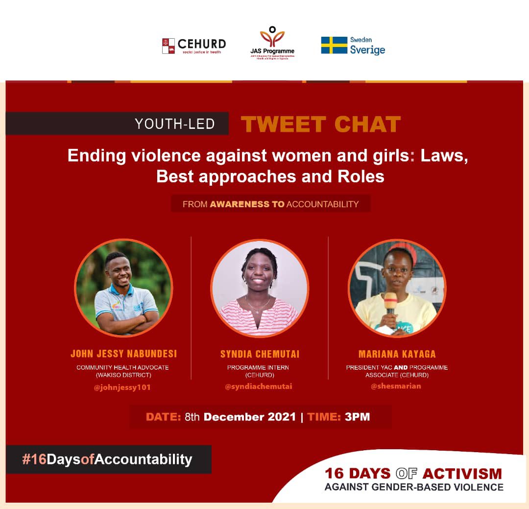 Do not miss the youth led tweet chat tomorrow at 3pm on ending violence against women and girls. Join @cehurduganda as we talk the laws, best approaches and roles of how to end this evil act! #16DaysOfAccountability #16Days #OrangeTheWorld