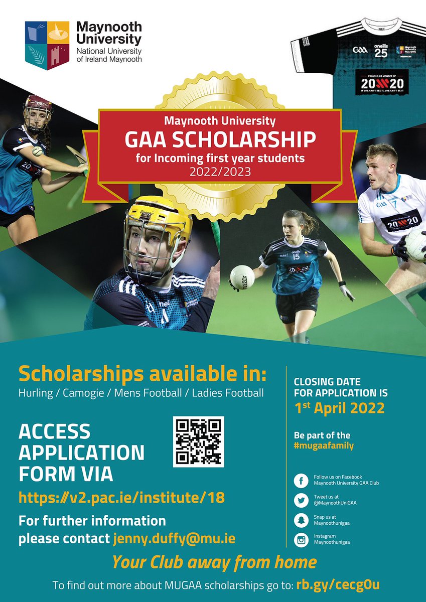 MaynoothUniGAA's tweet photo. We are delighted to announce the Maynooth University GAA Scholarship Programme is NOW OPEN to Incoming first year applicants for the 2022/2023 academic year. Maximise your playing potential while creating memories that will last a lifetime. 
Apply Here: https://t.co/G47FJpnNHK https://t.co/61LUqMrXqc