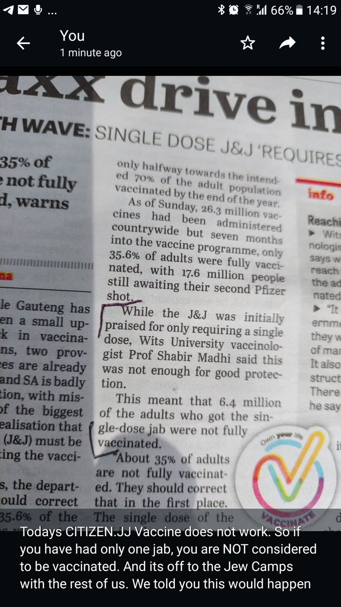Jason86581520's tweet photo. Todays CITIZEN.JJ Vaccine does not work. So if you have had only one jab, you are NOT considered to be vaccinated. And its off to the Jew Camps with the rest of us. We told you this would happen https://t.co/ikszfvu8jG