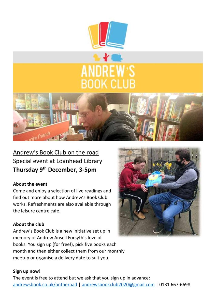AndrewsBookClub's tweet photo. Andrew's Book Club is 'On the road' this Thursday. Join us at Loanhead Library between 3-5pm for live readings, the chance to choose some books and refreshments. It's all completely free, just sign up at the link below!

➡️ Sign up: https://t.co/CH1ZNUghxY https://t.co/d2tP1zYIgw
