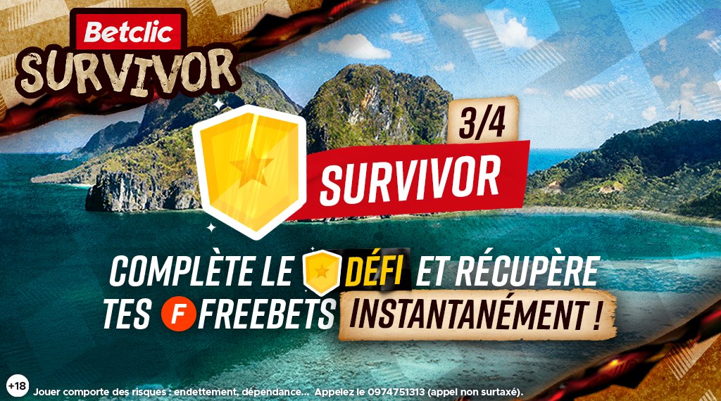 Betclic's tweet photo. 🏝️ DÉFI SURVIVOR 3 🛡️

👉 RDV dans la section défi sur ton app'
✅ Complète ton défi sur le foot
😍 Récupère tes 30€ de Freebets https://t.co/ZKMdBhyz97