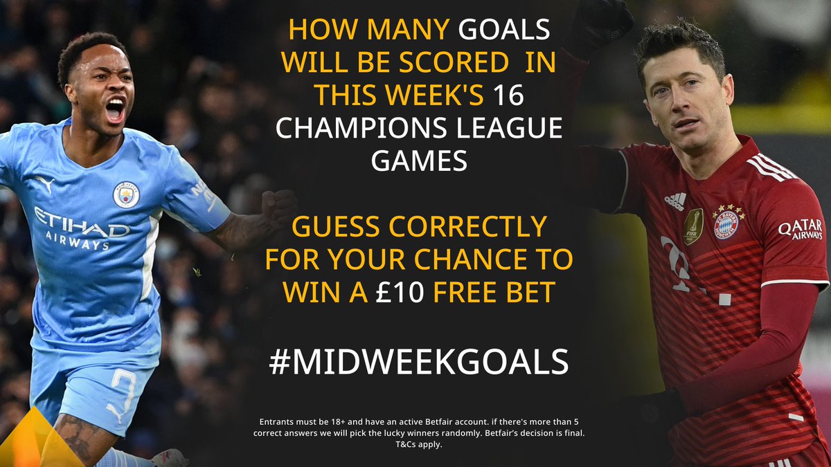 Betfair's tweet photo. ๐ FIVE ยฃ10 free bets to giveaway on this week's #UCL action.
โฝ Just RT and reply with your guess for how many goals will be scored across the 16 games this week.
โ
E.g 45
๐ We'll pick the lucky winners after the games
#MidweekGoals https://t.co/c9HUSwCbQx