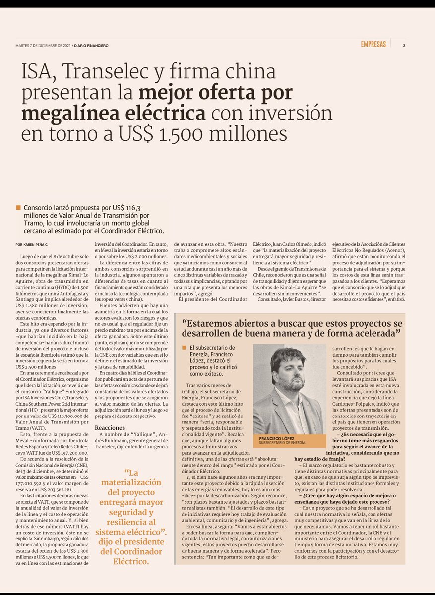 fjlopezd's tweet photo. Kimal - Lo Aguirre será la línea de transmisión más grande de nuestro país, con 1.500km que unirán el norte y centro del país.
Este proyecto es fundamental para permitir la incorporación de energías renovables y acelerar el plan de descarbonización. https://t.co/Vs0M92Ekop