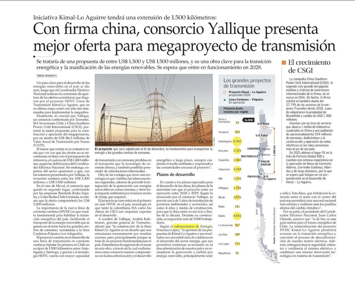 Kimal - Lo Aguirre será la línea de transmisión más grande de nuestro país, con 1.500km que unirán el norte y centro del país.
Este proyecto es fundamental para permitir la incorporación de energías renovables y acelerar el plan de descarbonización.