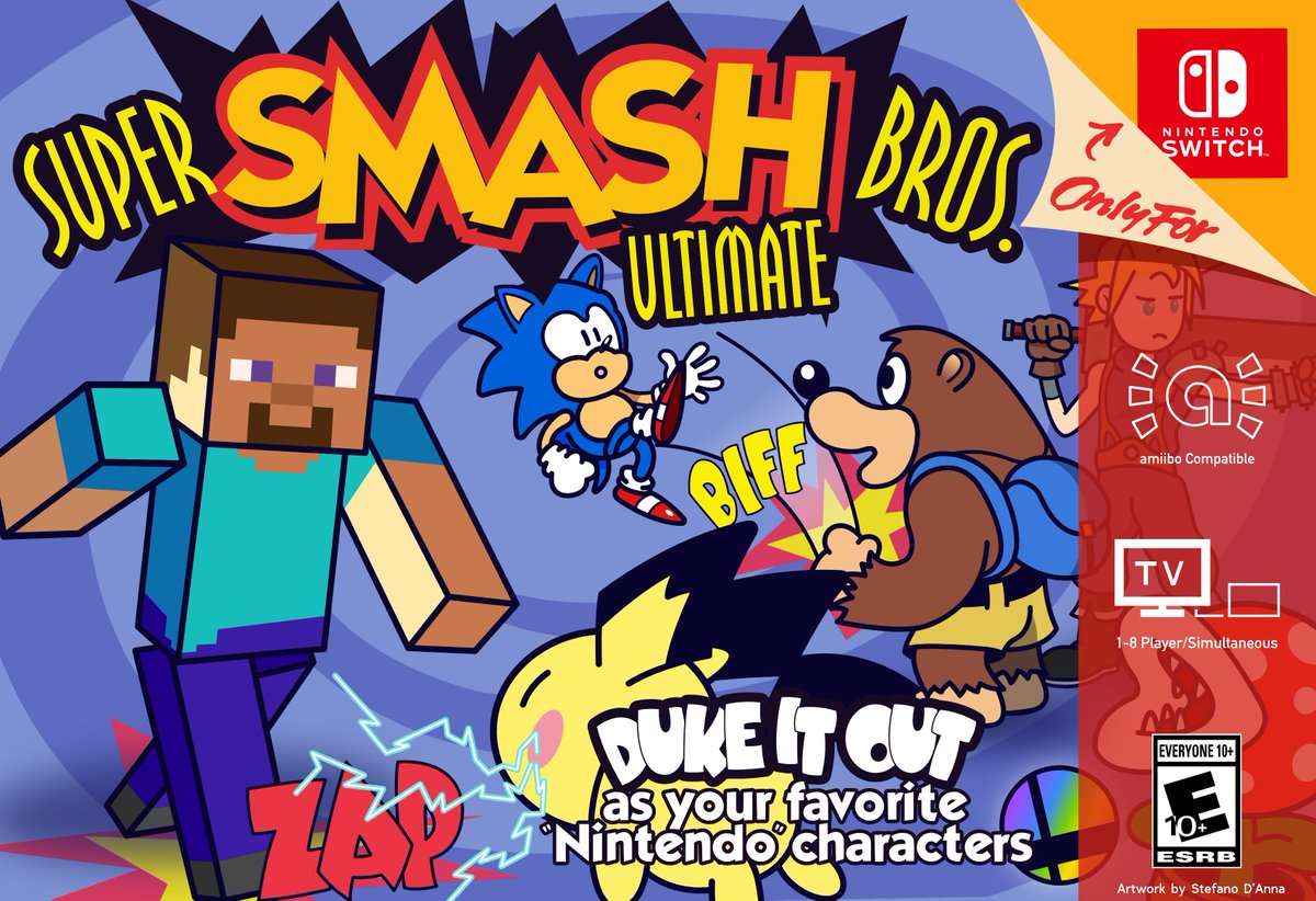 supaStefano's tweet photo. Happy 3rd anniversary #SmashBrosUltimate!🎂Glad I was able to finish this N64 style box art in time. Came out kinda cursed lookin tbh...
#fanart #Nintendo https://t.co/4gFzCwblxQ