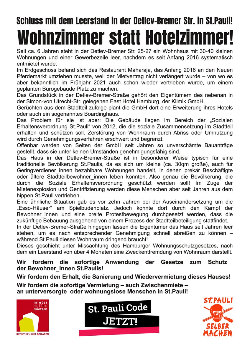 Heute morgen gab es eine Presseaktion am Leerstand in der Detlev-Bremer-Str. Hier noch unser Flugblatt, dass wir dort verteilt haben