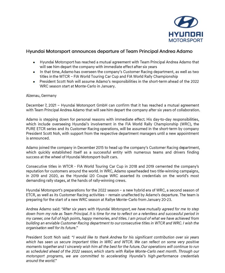 Team Statement: Hyundai Motorsport has reached a mutual agreement with Team Principal Andrea Adamo that will see him depart the company with immediate effect after six years. 
#HMSGOfficial