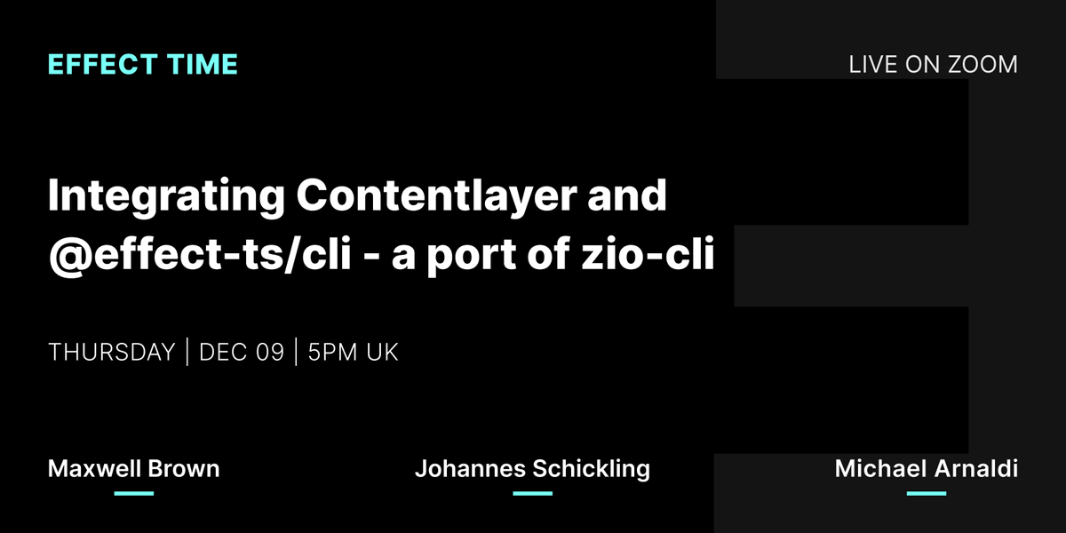 matechsdigital's tweet photo. π΄ Join our next live interactive coding session!
π§πΌπ½πΆπ°: Integrating Contentlayer and
@ effect-ts/cli β a port of zio-cli
ππΌπππ: Maxwell Brown, Johannes Schickling, Michael Arnaldi
ποΈ https://t.co/4T2hfcvaTC
#functionalProgramming #TypeScript #zio #effect #coding https://t.co/16X1ijY3vs