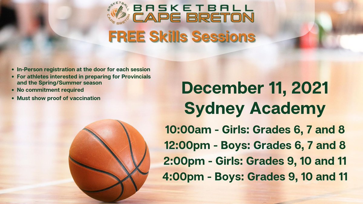 BasketballCB's tweet photo. FREE Skills Sessions at Sydney Academy on Saturday for athletes interested in preparing for Provincials and the Spring/Summer season. No commitment required. In-Person registration at the door. Must show proof of vaccination. https://t.co/2VWCzvYfVO