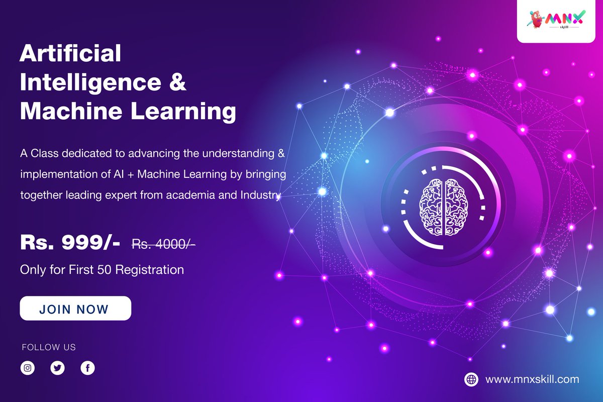 mnxskill's tweet photo. Wanna learn AI & ML @999/-
Only for first 50 registration
JOIN US NOW
Visit us : https://t.co/Y35JCllCEX
#mnxskill #AI #ML #onlineclasses #elearningplatform https://t.co/wtzxHhoJPp