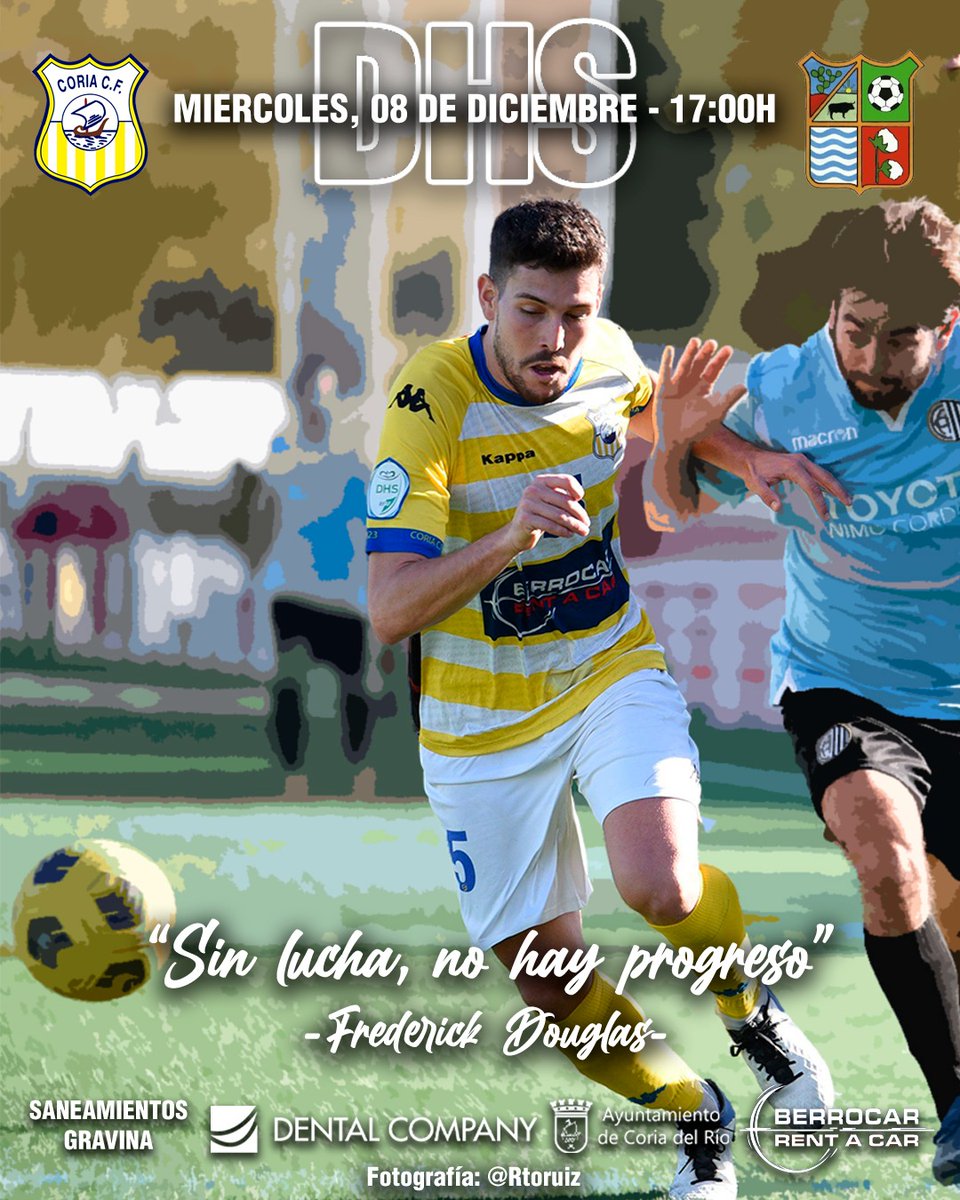 📢 ¡El miércoles jugamos todos!

"Sin lucha, no hay progreso" ⚔️

¡Todos al Guadalquivir! ¡Vamos a luchar por los tres puntos! 💪⚽️💛

¡Equipo + afición= victoria! 

#VamosCoria #RepitamosNuestraHistoria