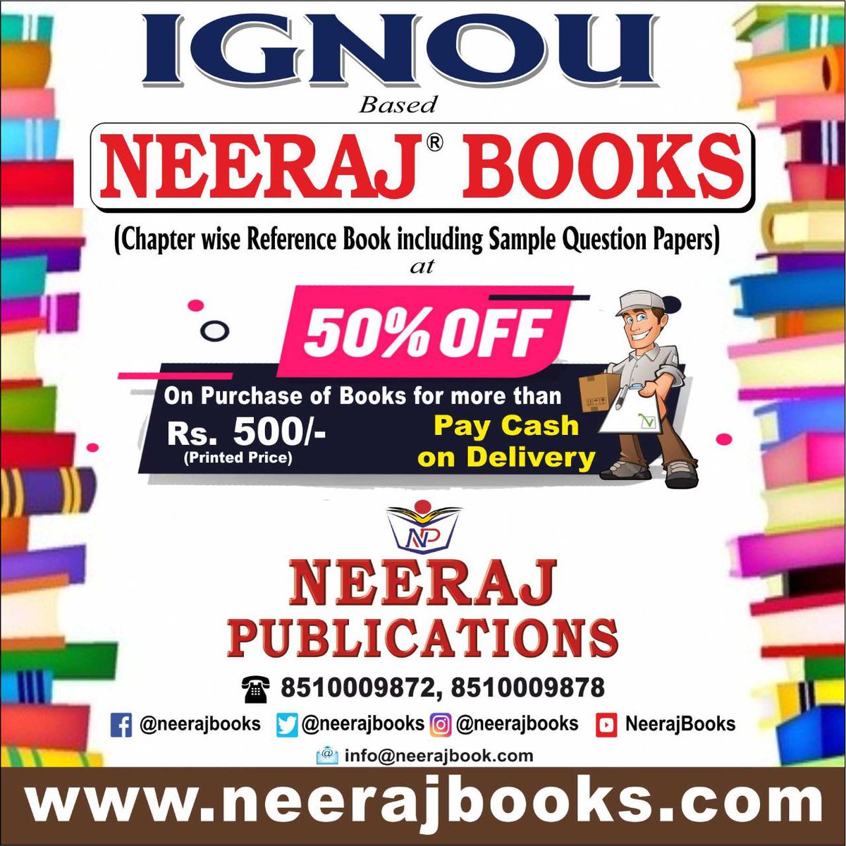 neerajbooks's tweet photo. 50% Offer on Neeraj Books

An amazing offer by Neeraj Publications. Buy Books for more than Rs. 500 and get flat 50% off on all purchases, also you have an option to pay cash on delivery!

       Shop NOW - https://t.co/mfF7jmtDY7
#IGNOU #IGNOUBooks #IGNOUGuides #NIOSBooks https://t.co/WJ2R71UBq7
