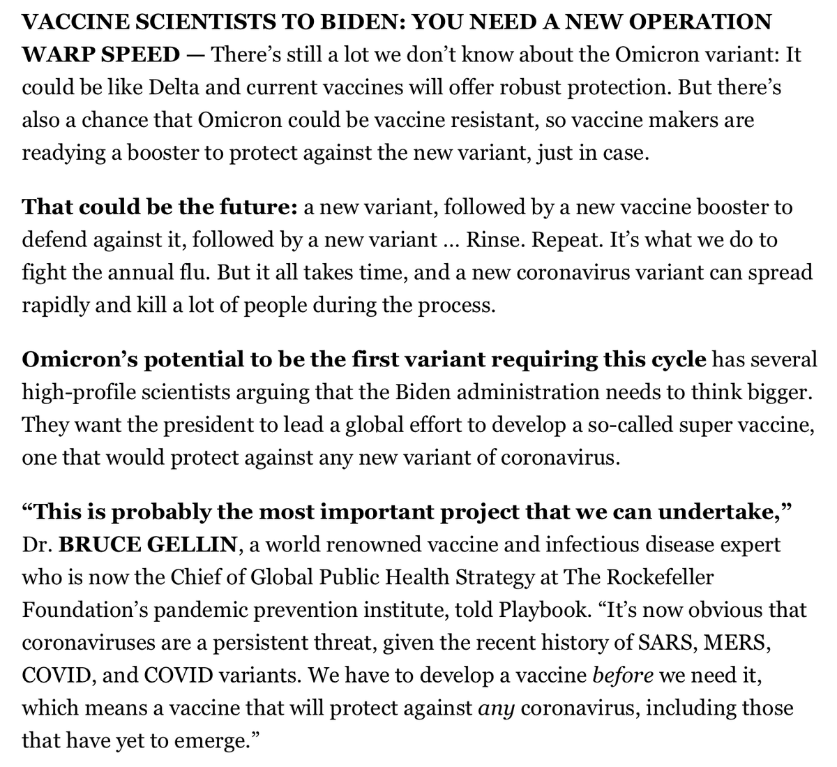 ByronYork's tweet photo. Vaccine scientists to Biden: Be more like Trump. The scientists want another Operation Warp Speed, but can't get the White House to do it. From @playbookplus: https://t.co/0eYO0y1Ekt https://t.co/SVjPf03rs0