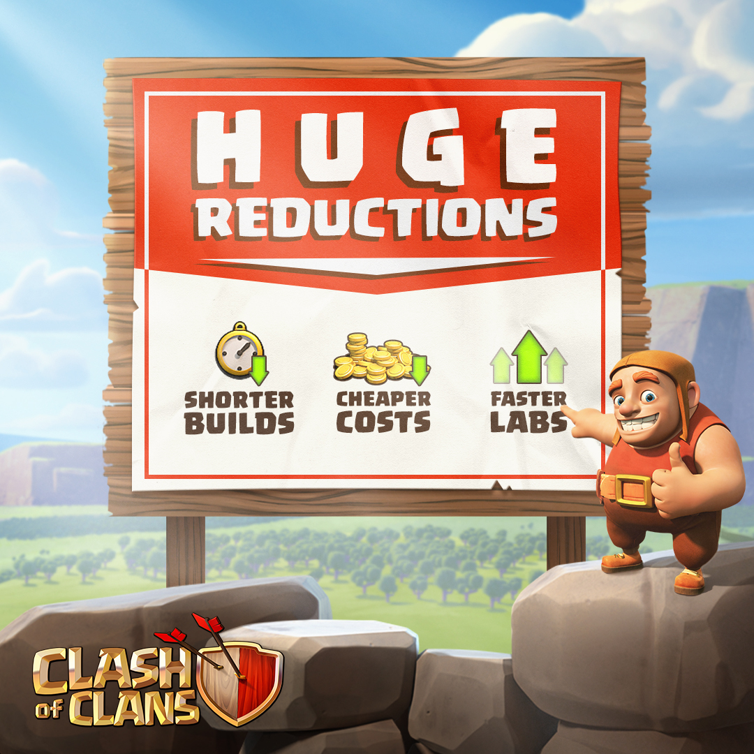 ClashofClans's tweet photo. Y'all been curious about the next update, so here's a little something-something for you... Cost reductions coming soon(ish)! 😵 

This will affect most buildings, Heroes, and Laboratory upgrades! 👉 https://t.co/0NyE1SGHOb https://t.co/8u2ShTdNAy