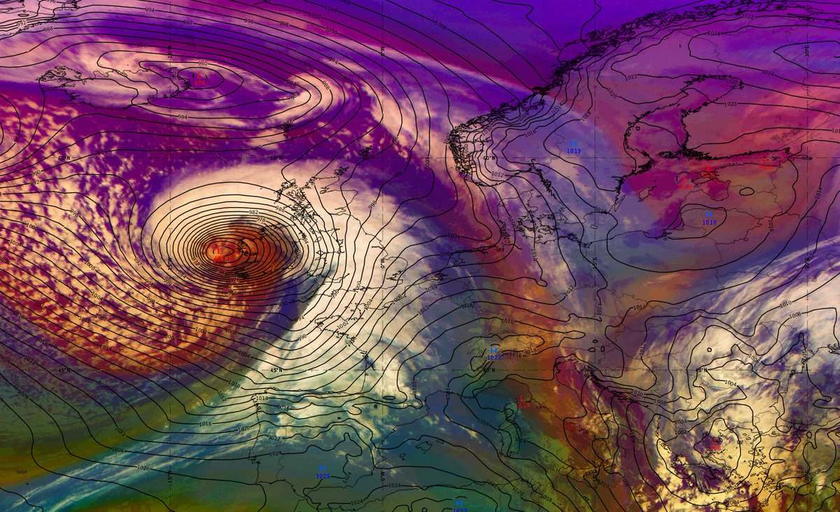 DHMZ_HR's tweet photo. #StormBarra ciklona tipa Shapiro-Keyser stigla je do Britanskog otočja. Udari vjetra lokalno premašuju 130 km/h. Hladna fronta sutra stiže do Alpa i u zavjetrini će nastati "Barica" odnosno ciklona kćer.
#EUMeTrain #ePort #eumetsat #cyclone https://t.co/Gm9jecPH3d
