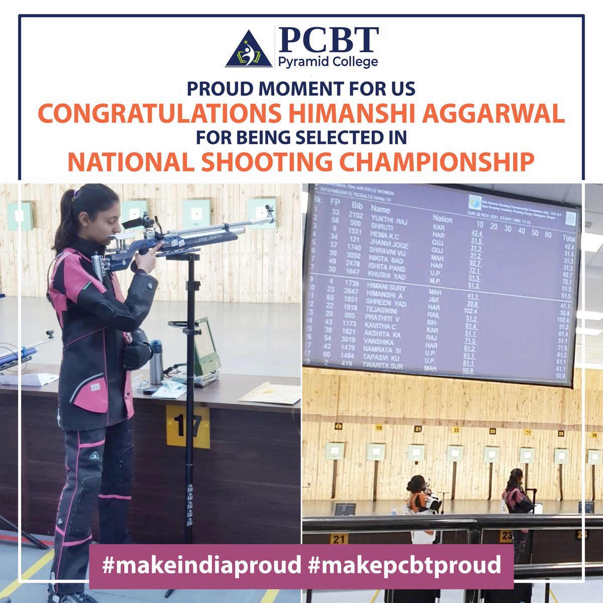 || PROUD MOMENT ||
We are #glad to share that one of our #BAMT Students Himanshi Agarwal has been shortlisted for the #national shooting championship. We #congratulate our talented #Pcbtian and wish her all the very best for the #contest.

#MakeIndiaProud #MakePCBTproud #PCBT