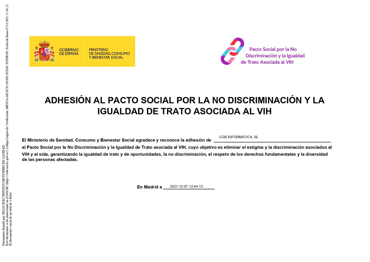 El Ministerio de Sanidad, Consumo y Bienestar Social agradece y reconoce la adhesión de CGB Informática, SL al Pacto Social por la No Discriminación y la Igualdad de Trato asociada al VIH.