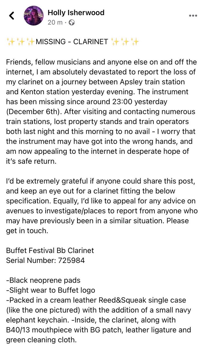 G_E_Mason's tweet photo. ✨ Missing - Clarinet! ✨ my friend Holly of @EnsembleRenard is absolutely devastated to report the loss of her clarinet last night in London - if anyone can keep an eye out in hopes of its safe return or share that would be greatly appreciated! Info in the post, £100 reward!🤞🏻 https://t.co/lW6w099bup