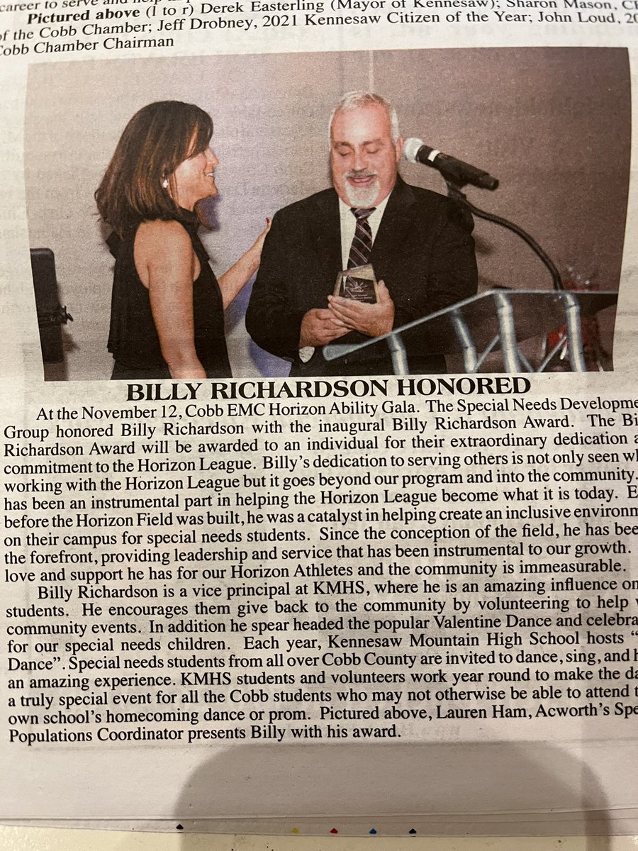So proud of our own Tia Amlett, Principal Barber MS - 2021 Acworth Citizen of the Year &amp; Mr. Billy Richardson, AP KMHS - Billy Richardson Award!  Positively changing the lives of Ss &amp; our community!  CCSD is honored 2 have you on our team!  <a href="/BarberMSBraves/">Murray F. Barber Middle School</a> <a href="/KMHS_GA/">Kennesaw Mountain HS</a>  <a href="/CobbSchools/">Cobb County Schools</a>