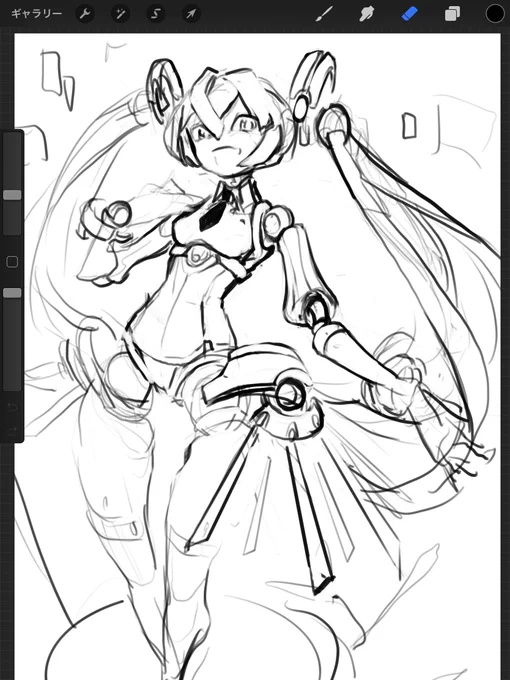 これはミクさんをメカ娘っぽくしようと描き始めてみたけどちょうど同じタイミングでFAガール化されるって記事見ちゃってやる気を無くしてしまったラフです。 