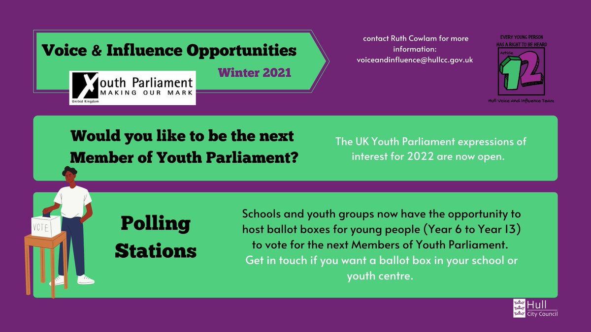 hull_voice's tweet photo. Calling all Young People wanting to be the next Hull Young People's Parliament Reps. Closing Date Friday 10th December. We are looking forward to receving your applications ready to be shortlisted.  Contact voiceandinfluence@hullcc.gov.uk @WINNERHull @HoltbyWinifred @freddies_uk https://t.co/LwtxA6uGy2