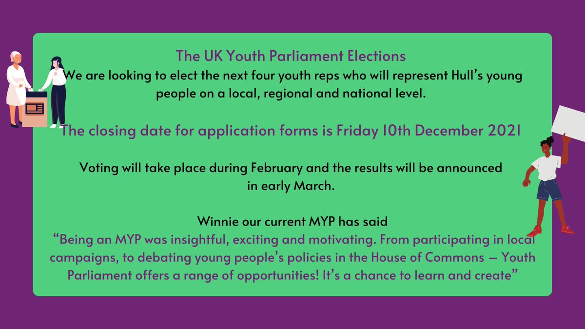 hull_voice's tweet photo. Calling all Young People wanting to be the next Hull Young People's Parliament Reps. Closing Date Friday 10th December. We are looking forward to receving your applications ready to be shortlisted.  Contact voiceandinfluence@hullcc.gov.uk @WINNERHull @HoltbyWinifred @freddies_uk https://t.co/LwtxA6uGy2