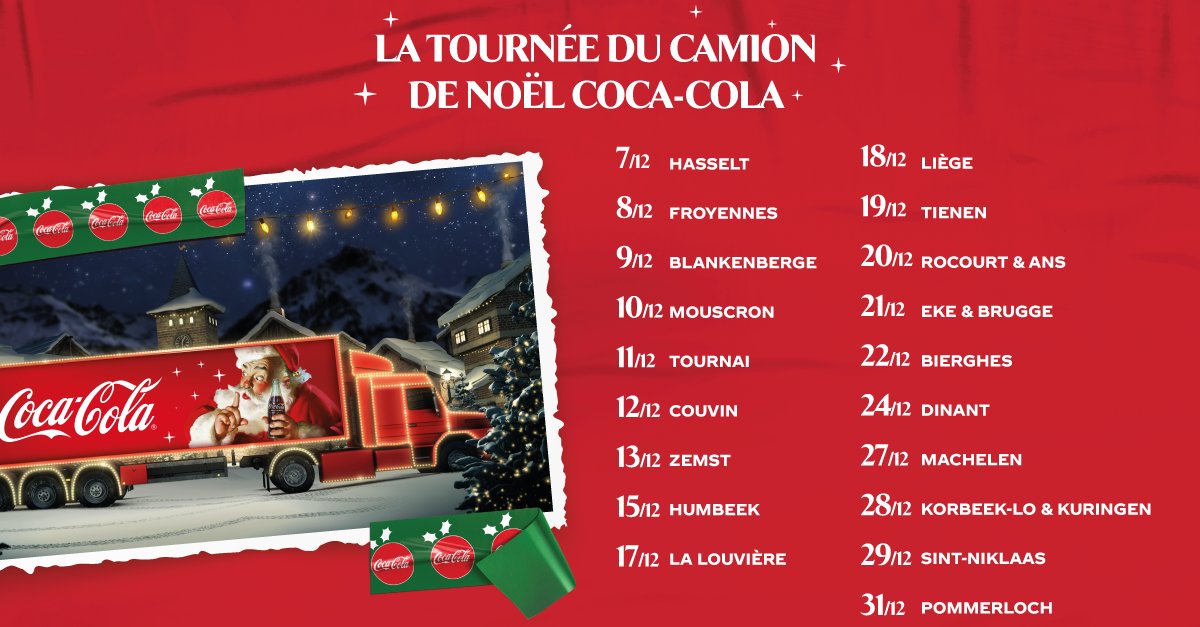 Dès aujourd'hui, le camion de Noël Coca-Cola illuminera les rues de Belgique et du Luxembourg pour répandre la magie de Noël ✨ Un invité spécial 🎅 vous y attend. Notre emblématique camion de Noël passera-t-il près de chez vous ? fr.coca-cola.be/campagnes-et-p…