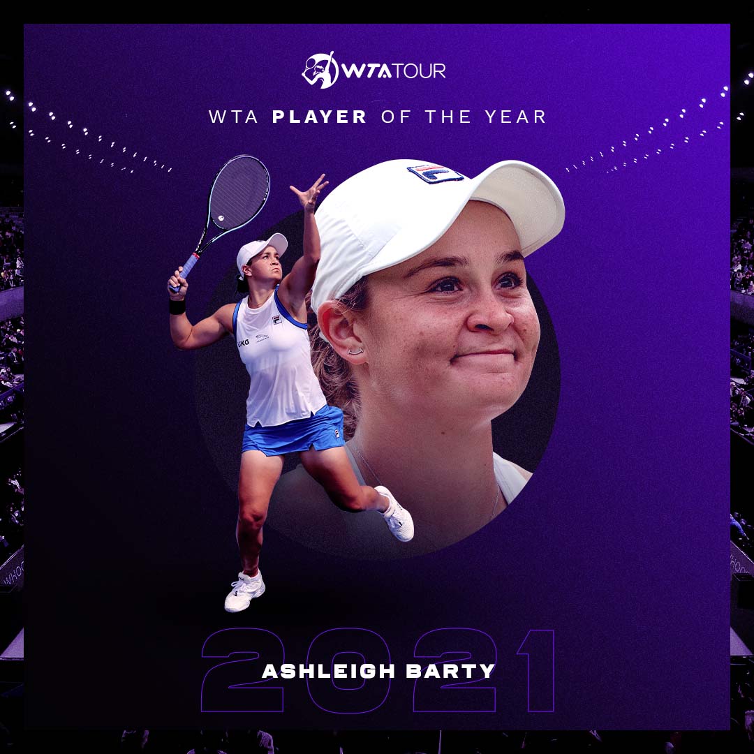 And finally...

🖐 Tour-leading five WTA titles in 2021
🙌 Reigning Wimbledon champion
☝️ Third straight Year-End World No.1 ranking

<a href="/ashbarty/">Ash Barty</a> receives the honor of WTA Player of the Year for the second time in her career 🏆