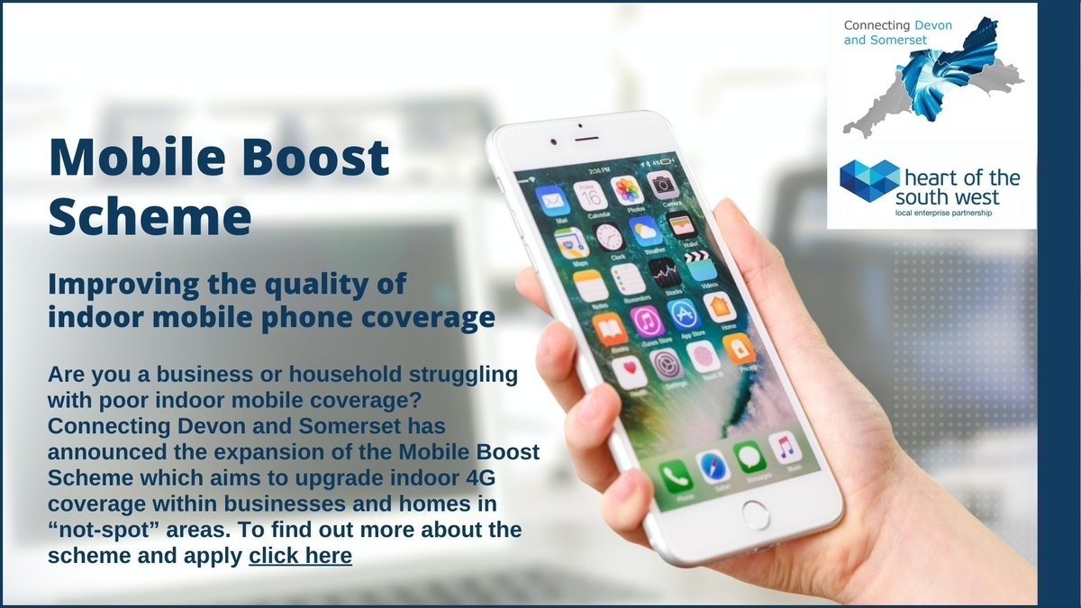 Connecting Devon and Somerset has announced the expansion of the Mobile Boost Programme, which aims to upgrade indoor 4G coverage in “not-spot” areas.  Businesses and households can apply for a voucher towards the cost of a mobile signal booster.  soc.devon.cc/kSrYy