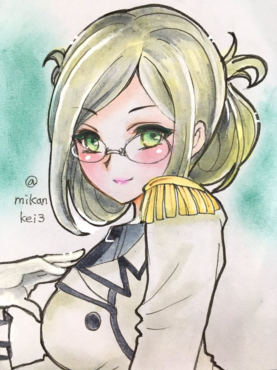 katori (kancolle) 1girl solo glasses epaulettes green eyes gloves folded ponytail  illustration images