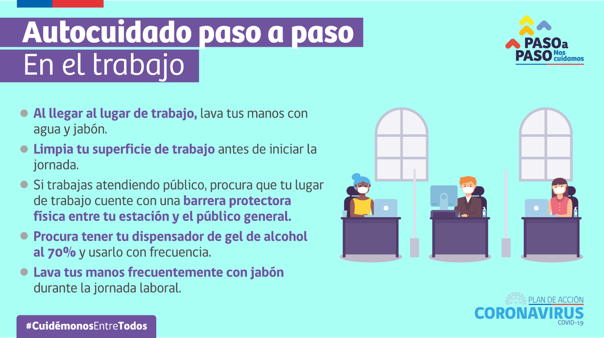 ¿Sabes cuáles son las medidas de autocuidado en tu lugar de trabajo? Te dejamos estas recomendaciones para que las puedas ejecutar y así estar protegidos de un eventual contagio de coronavirus. #SigamosCuidándonos