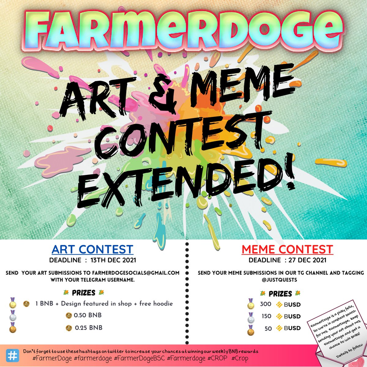 To pave way to our launch of FarmerDoge 2.0, we have decided to extend the Art &amp; Meme Contests to give you guys chance to enter the contest and to add your amazing finishing touches to your creations! 🎨

Good luck to everyone!!

#FarmerDoge #Farmerdoge #Crop #CROP  #farmerdoge