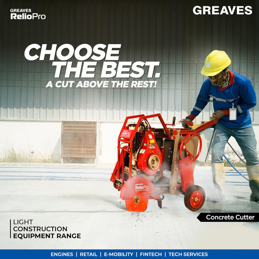 GreavesCottonIN's tweet photo. Cutting concrete has never been easier! Cut grooves on concrete roads faster with the reliable Greaves Reliopro Concrete Cutter.
Read more: https://t.co/5mOYFoB2m8
#RelioPro #Greaves #LightConstructionEquipment https://t.co/yWqzvyPlDP