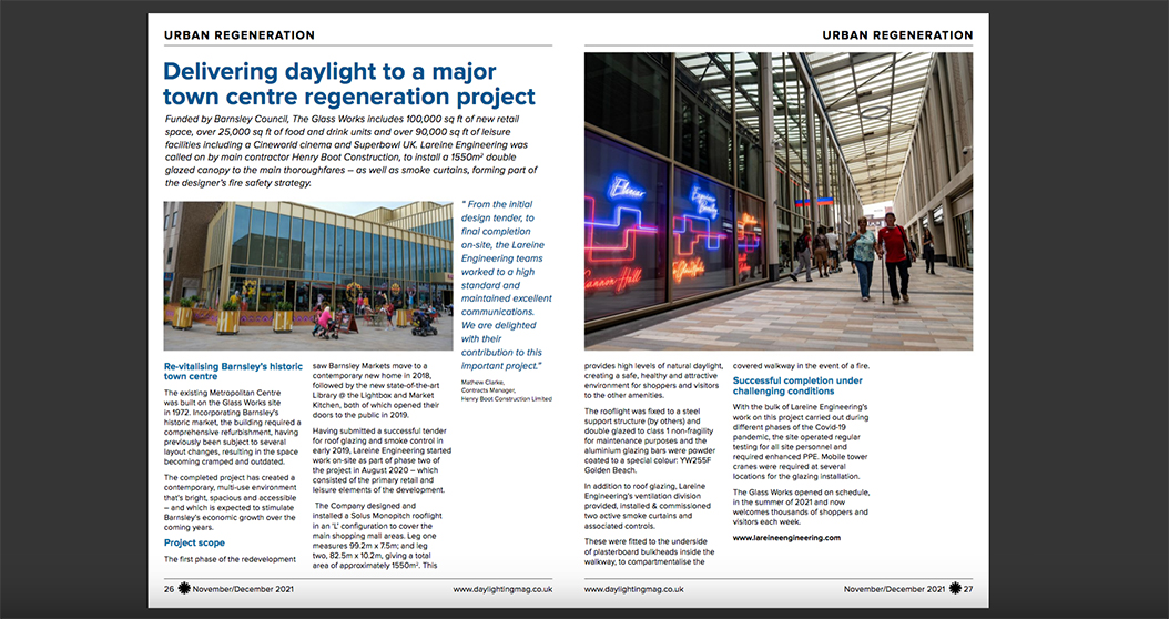This month's <a href="/Daylighting_Mag/">DaylightingMag</a>  features our large glazed canopy installation at The Glass Works in Barnsley. You can read the article here: issuu.com/bb2b/docs/dayl…