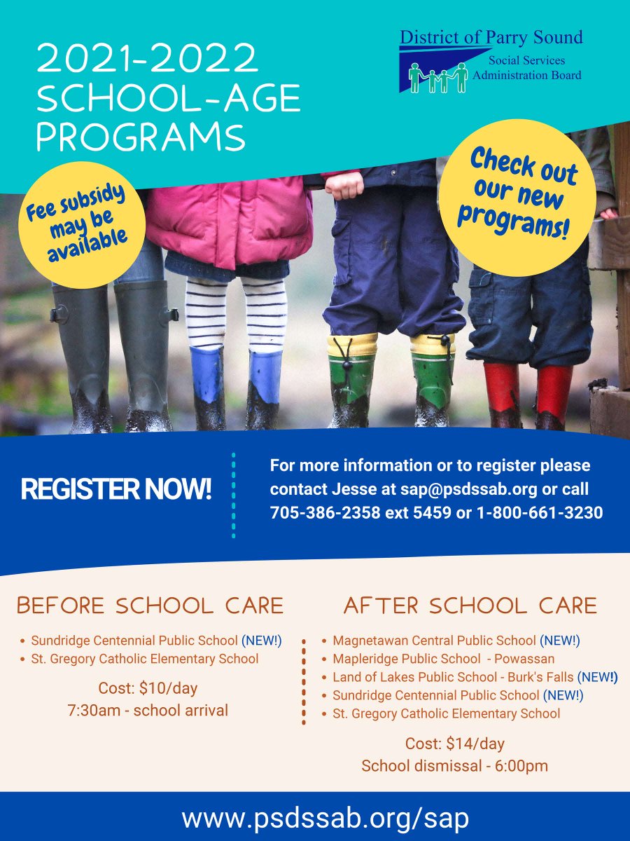 NNDSB, in partnership with the Parry Sound DSSAB are bringing three new child care programs to families in Sundridge, Magnetawan and Burks Falls. 

Check them out and more partners:
ow.ly/DXJE50GoMcg