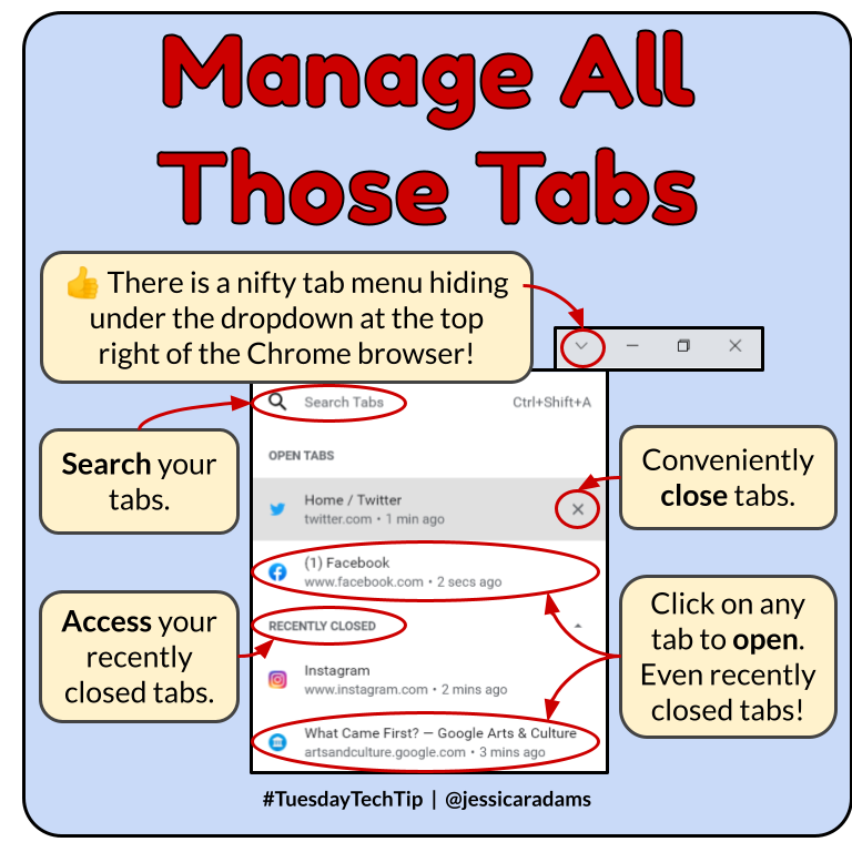 👍 It's time for a #TuesdayTechTip! Manage all those #Chrome tabs using the secret dropdown. Search, open, and close your tabs from one handy menu. Even your recently closed tabs are there! So cool! 😎 
<a href="/GoogleForEdu/">Google for Education</a>