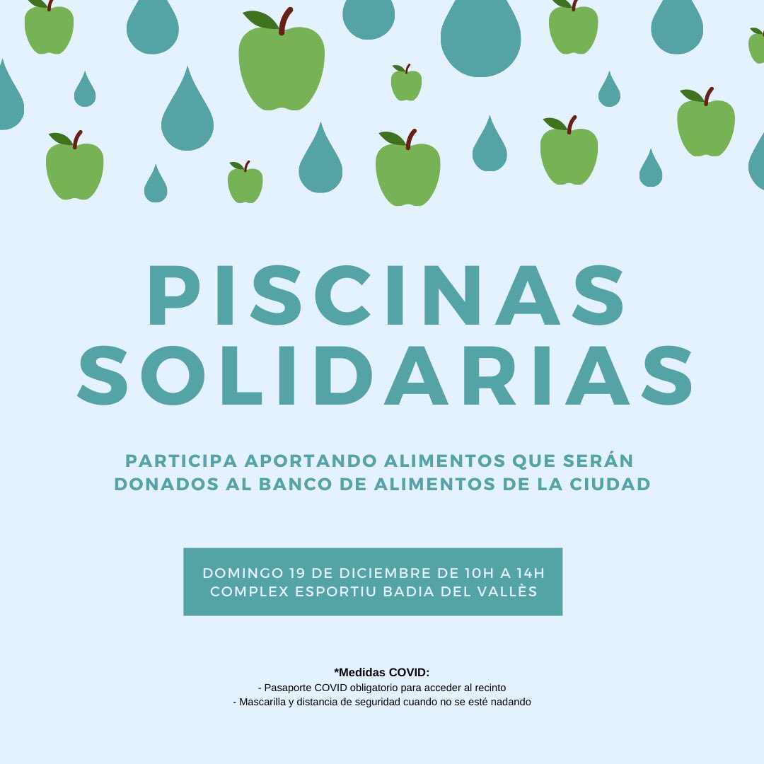 Un año más organizamos las PISCINAS SOLIDARIAS, un reto deportivo donde intentaremos realizar 2022 piscinas entre todos/as los/as participantes, pero sobretodo un evento solidario donde recaudaremos alimentos para donarlos.

¡Os esperamos el domingo 19 de diciembre, de 10 a 14h!