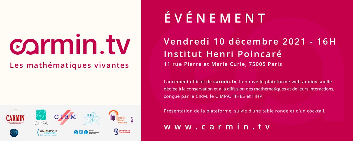 CIMPA_Math's tweet photo. 📆Le 10/12, à 16h à IHP, venez assister au lancement officiel de https://t.co/YcCCjmtJmx , la plateforme audiovisuelle dédiée aux mathématiques et à leurs interactions, conçue par le LabEx CARMIN.

👉Informations et inscriptions : https://t.co/NixQ2OLNMy

#carmintv #VIDEOS #maths https://t.co/nZq6HwUIWK